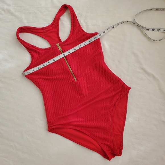 Heidi Klein red one piece swim suit size Medium gold zipper ribbed fabric lined - Picture 2 of 16